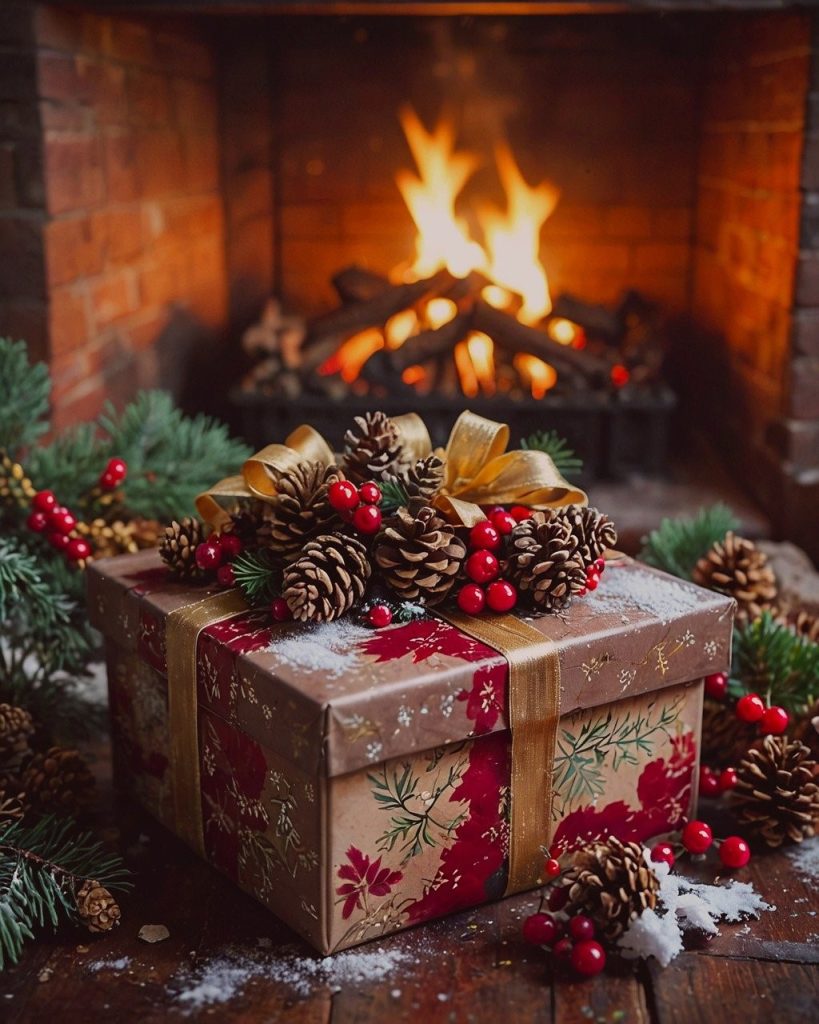  A beige Christmas gift surrounded by pinecones, berries and pine tree branches in front of a log fire. 